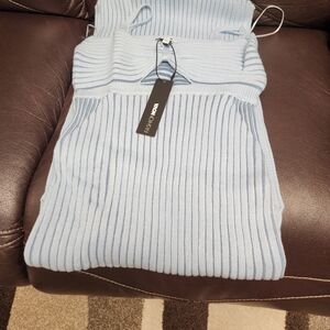 Spaghetti Straps Sky Blue Ribbed Knit Dress
